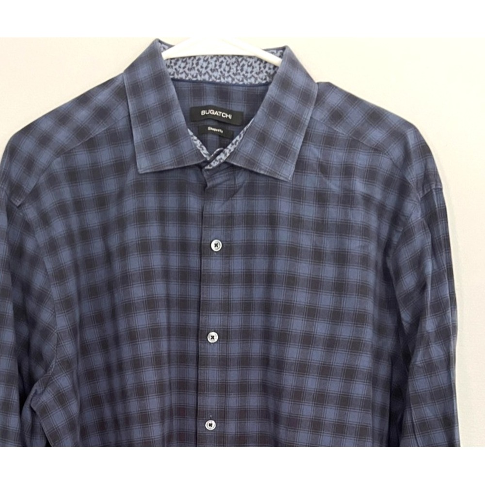 Bugatchi Shirt Mens Large Blue Gray Plaid Long Sleeve Shaped Fit 100% Cotton